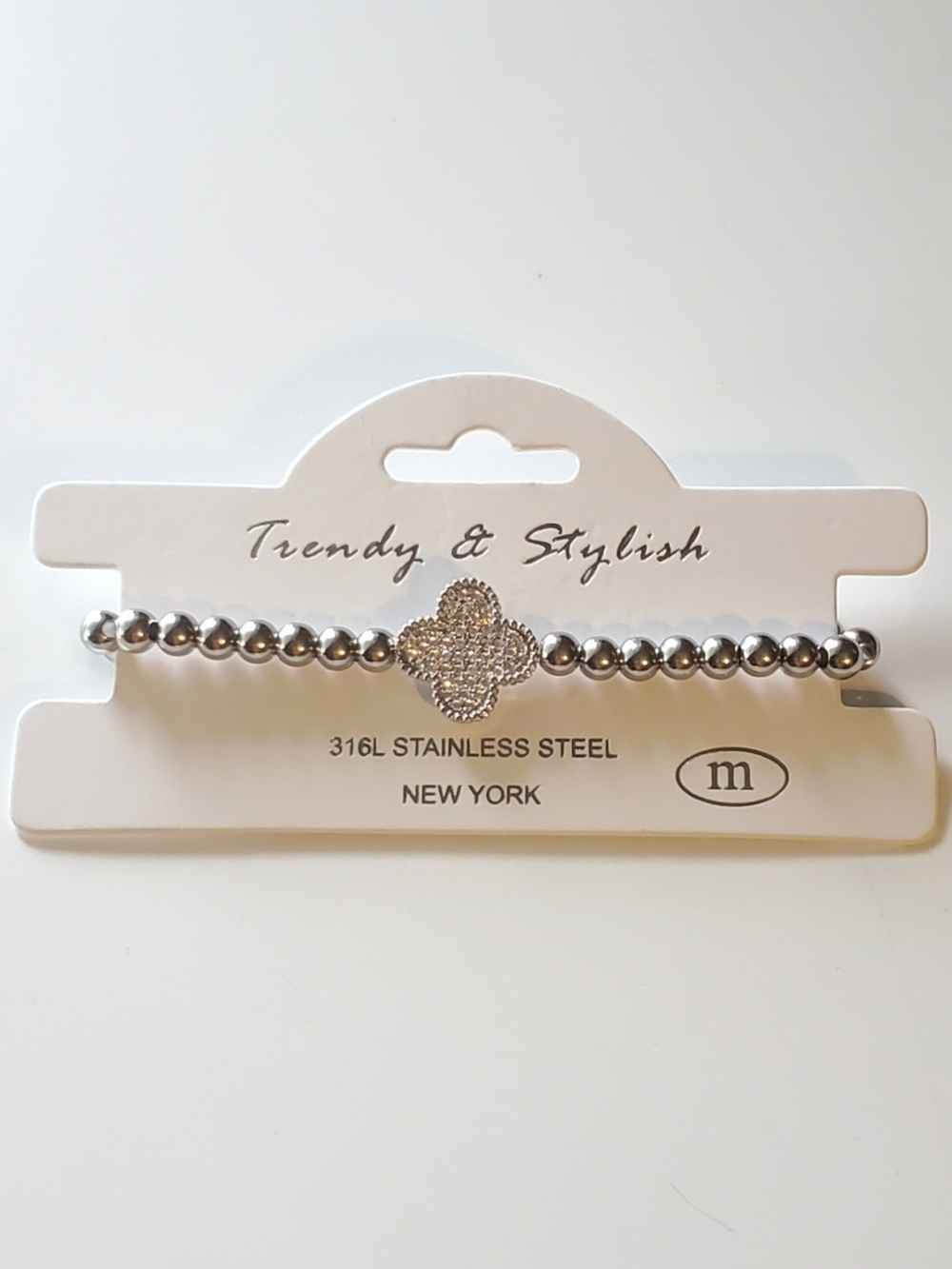 NEW 316L Stainless Steel Silver Beaded Stretch Bracelet With Clover Charm